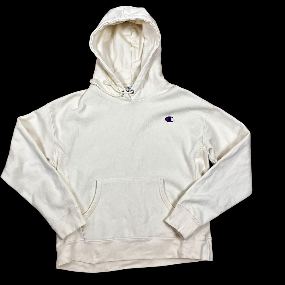 Champion Reverse Weave Hoodie L Cream GF757 Heavyweight Sweatshirt Logo Womens